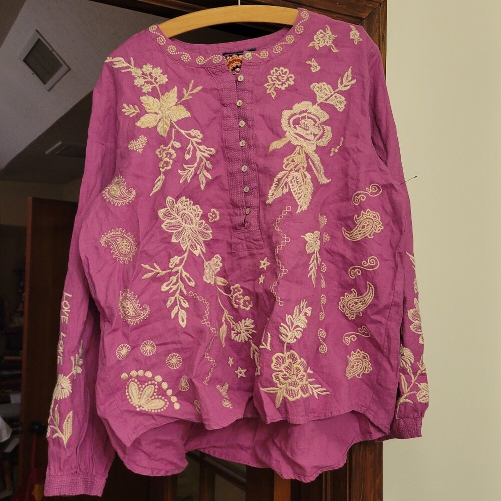 Johnny Was Field Henly Purple Embroidered linen Love Amore Blouse Medium - Picture 5 of 7